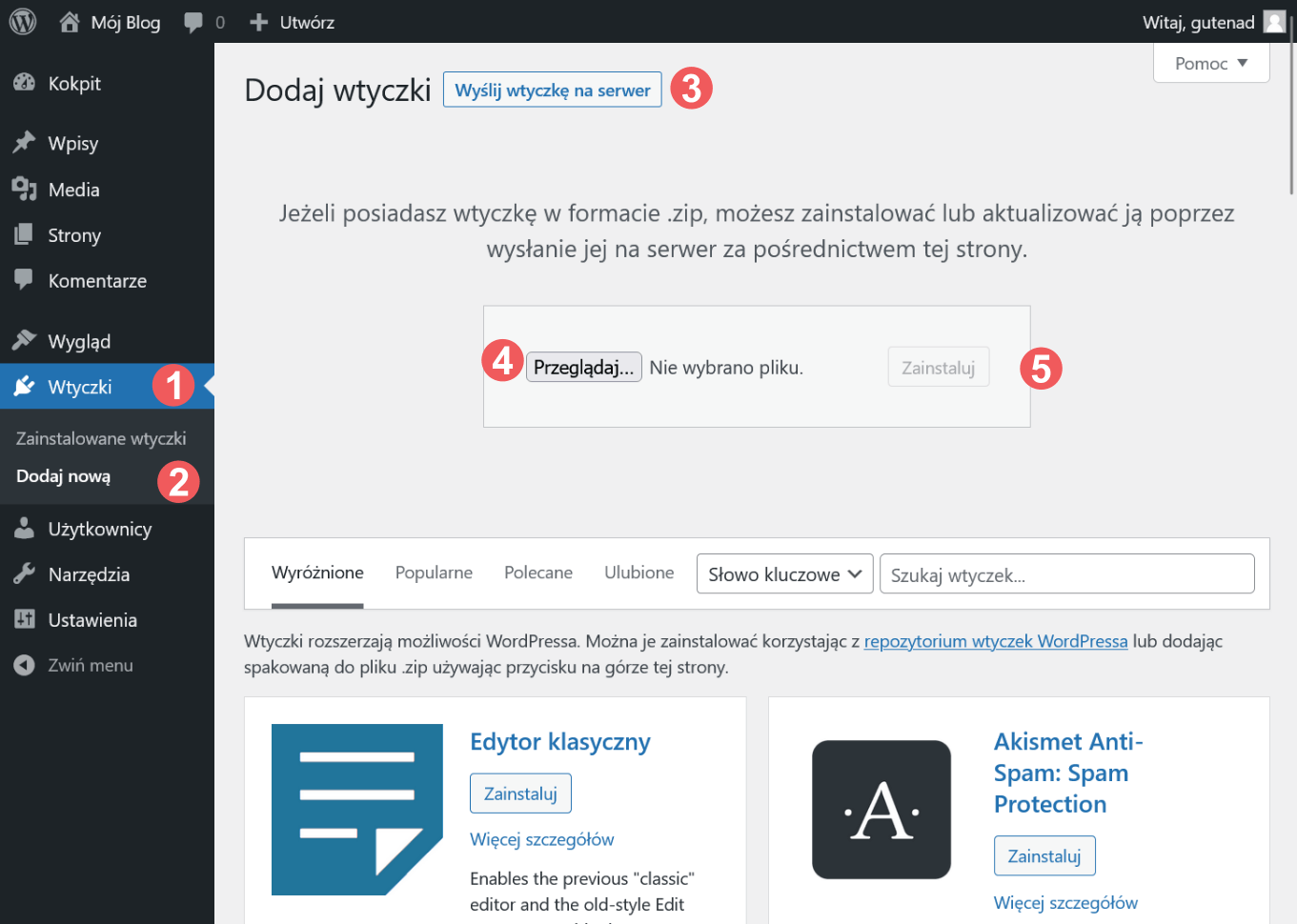 Zrzut ekranu kokpitu WordPress z zaznaczonymi krokami instalacji wtyczki spoza repozytorium WordPress